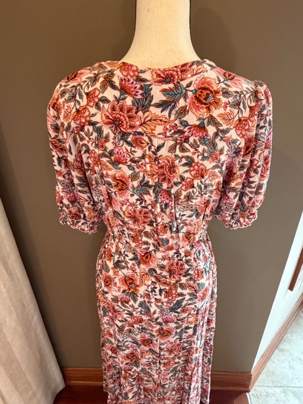 Indigo Rose Pink Floral Maxi Dress Button Down Tiered, V-neck, Size Medium - Picture 6 of 14